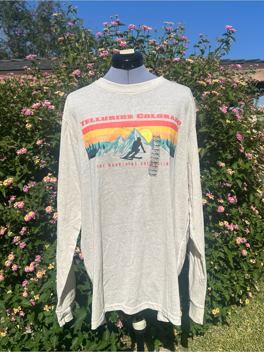Chemistry Long Sleeve Tee in Cream with Multi-Color Mountain Graphic Size XL